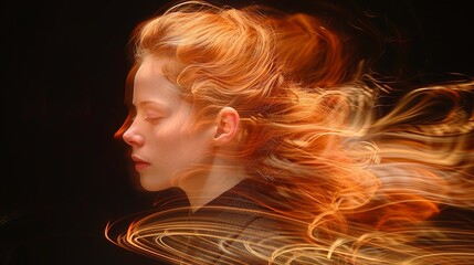 Poster - Capturing the ethereal beauty of a woman with flowing hair illuminated by soft light at an art installation