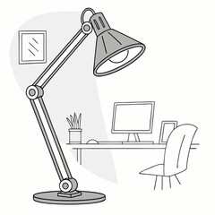 Poster - A drawing of a desk lamp illuminating a desk with a computer, chair, and other office accessories