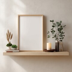 Aufkleber - A minimalist wooden shelf displays a blank framed poster, pampas grass, succulents, eucalyptus, a candle, and books, bathed in soft sunlight against a neutral wall