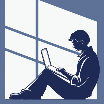 A stylized image of a man sitting with a laptop in front of a window with a geometric pattern design