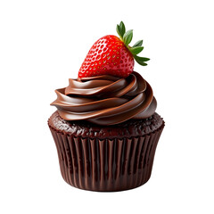 Poster - A chocolate cupcake with chocolate frosting and a strawberry on top isolated on isolated on transparent background