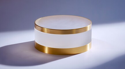 Aufkleber - Cylindrical frosted glass display stand with gold bands, lit by a dramatic light source casting a shadow on a subtle purple background