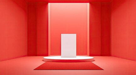 Aufkleber - Minimalist red room with a white rectangular display on a circular platform and red carpet