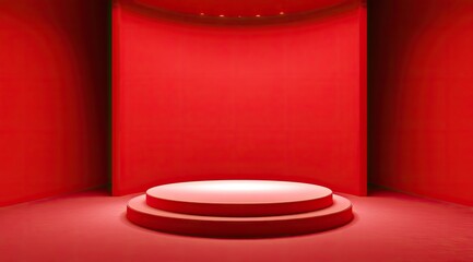 Aufkleber - A minimalist two-tiered circular platform sits in a crimson-hued room, subtly illuminated from above and below.  The walls curve gently