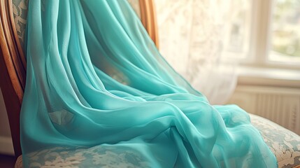 Poster - Soft turquoise fabric drapes elegantly on a vintage chair by a sunlit window in a cozy room