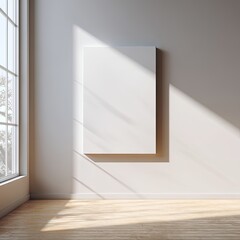 Aufkleber - Sunlight illuminates a blank canvas hanging on a minimalist white wall within a light-wood floored room near a large window