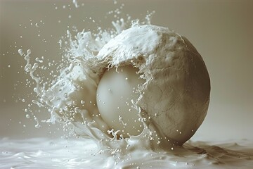 Poster - Delicate sphere cracks open, spilling creamy liquid in an artistic splash display over a light background
