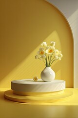 Aufkleber - Pale yellow flowers in a white vase on a two-tiered white and yellow circular platform, bathed in sunlight against a yellow and white arched backdrop