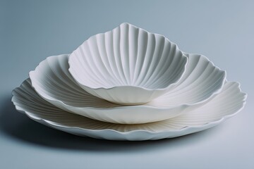 Aufkleber - Stacked white porcelain bowls and plates with organic, petal-like shapes and ribbed texture, creating a visually appealing nested set