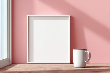 Aufkleber - A blank white frame rests on a wood surface against a pale pink wall, next to a white mug. Sunlight streams in from a nearby window