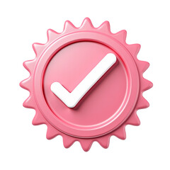 Fototapete - A pink seal with jagged edges and a white checkmark in the center render isolated on transparent background