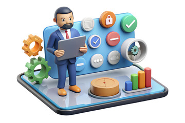 Poster - 3D Illustration of Businessman Analyzing Data on Tablet with Interface Icons and Charts
