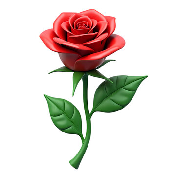 A single red rose with green leaves and stem in a digital rendering style isolated on transparent background