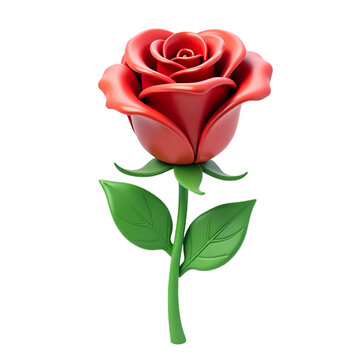 A stylized red rose with green stem and leaves isolated in a digital rendering isolated on transparent background
