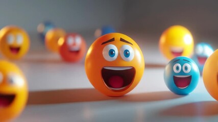 Poster - Colorful emoji balls in various expressions, including happy and surprised faces. The scene features a playful arrangement of orange and blue balls.
