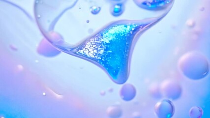 Poster - Dynamic drops of holographic glitter in pastel violet oil or ink diffusing through water, creating an abstract aquatic swirls