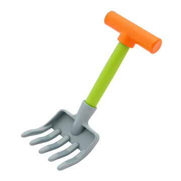 A colorful toy rake with an orange handle, green shaft, and gray head  isolated on transparent background
