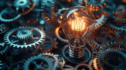 Poster - Innovative light bulb glowing among metallic gears in a creative workspace showcasing technology and design