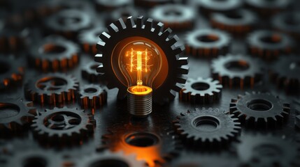 Poster - A bright light bulb emits a warm glow amidst a backdrop of intricate metallic gears, symbolizing innovation and creativity in a modern design environment.