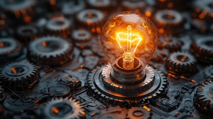 Poster - A bright light bulb emits a warm glow amidst a backdrop of intricate metallic gears, symbolizing innovation and creativity in a modern design environment.