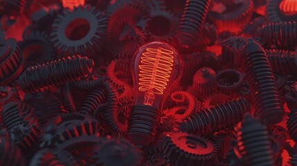 Poster - Innovative light bulb glowing among metallic gears in a creative workspace showcasing technology and design