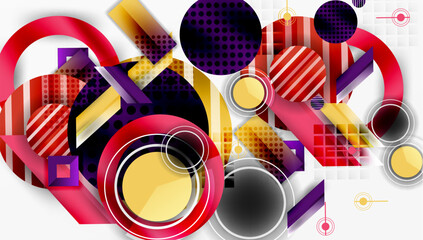 Aufkleber - Abstract composition. Geometric shapes overlap, creating dynamic visual texture. Red, yellow, purple dominate design. Modern aesthetic.