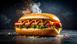 © Hyejin Kang - Delicious hot dog in flames and smoke. Hot dog promotional advertising concept.