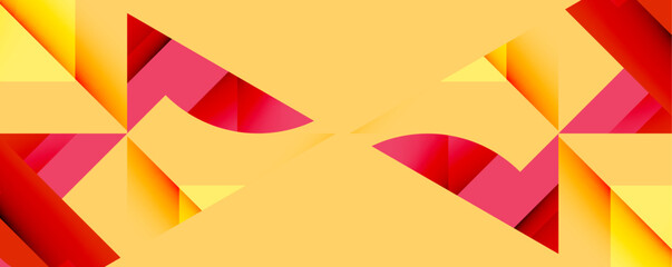 Aufkleber - Abstract geometric design. Bright yellow background features repeating red, pink shapes. Modern, vibrant composition.