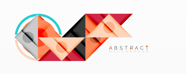 Poster - Geometric shapes overlap, creating vibrant abstract composition. Orange, red, gray tones dominate design. Minimalist style.