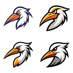 Poster - Collection of four stylized bird head logos with sharp beaks and intense expressions in varied colors