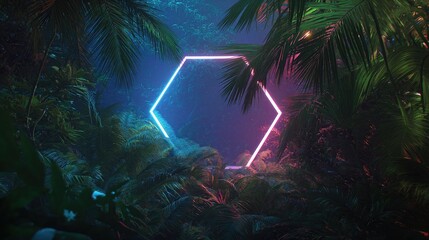 Poster - Neon hexagon shape glowing in a tropical jungle at night in 80s synthwave style