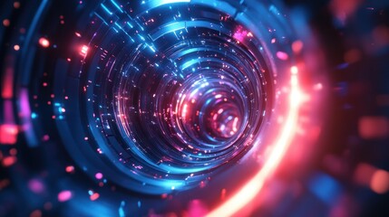 Poster - Abstract technological vortex with rotating lights and geometric reflections, background wallpaper AI generated image