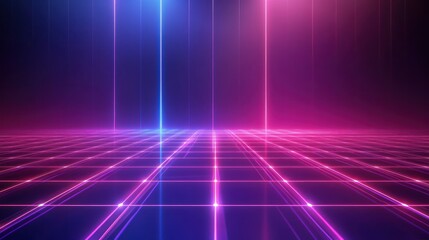 Poster - Abstract tech grid floor stretching illuminated by neon lines background wallpaper AI generated image