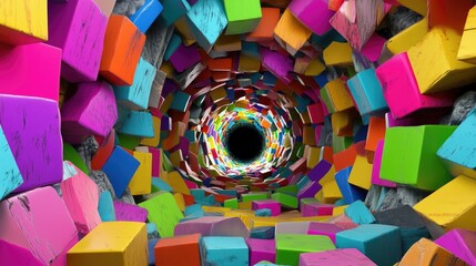 Poster - Vivid psychedelic vortex of geometric color shapes forming a surreal tunnel
