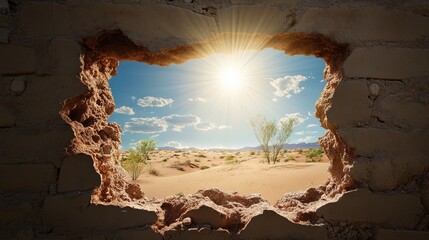 Aufkleber - Sunlight floods through a hole in rustic wall, exposing serene desert view