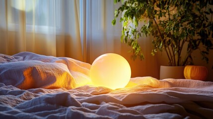 Poster - Softly glowing gradient lamp in sphere shape resting on bed in warm, cozy room