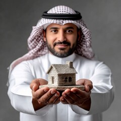 Aufkleber - An Arab Businessman Holding a Miniature House: Investing in Your Future and Building a Dream Home