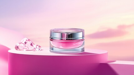 Poster - Soft pink cosmetic jar placed on smooth pastel gradient background with gentle lighting