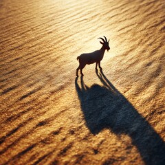 Aufkleber - Lone Ibex Silhouette: A Majestic Desert Wanderer Under the Golden Sun, Casting a Long Shadow on the Textured Sands