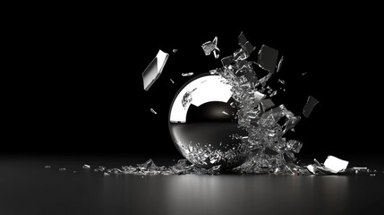 Poster - Shattered silver sphere bursting into metallic particles against black background