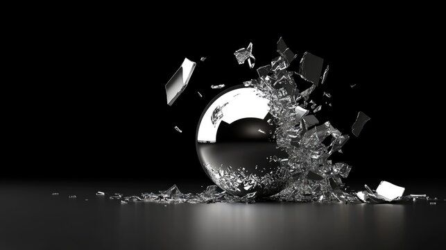 Shattered silver sphere bursting into metallic particles against black background