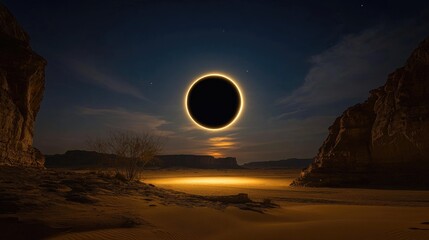 Poster - Rare solar eclipse casts surreal glow over arid nighttime desert scene