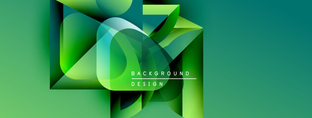 Fototapete - Abstract geometric shapes overlap, creating vibrant green gradient background. Text reads background design. Modern, clean aesthetic.