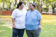 © GAJENDRRA BHATI  - Happy Overweight indian couple looking at each together in summer park. Plus size man and woman looking camera. Fat people india. Obesity concept.