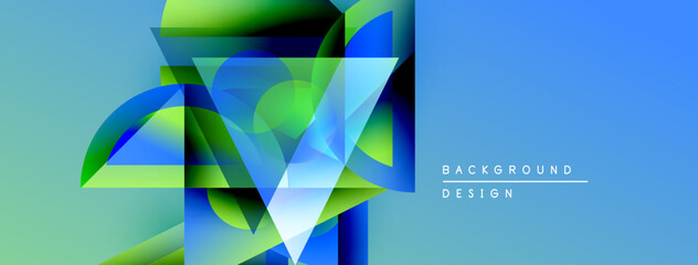Fototapete - Abstract geometric shapes overlap, creating vibrant blue, green gradients. Modern design elements suggest digital art, background texture.