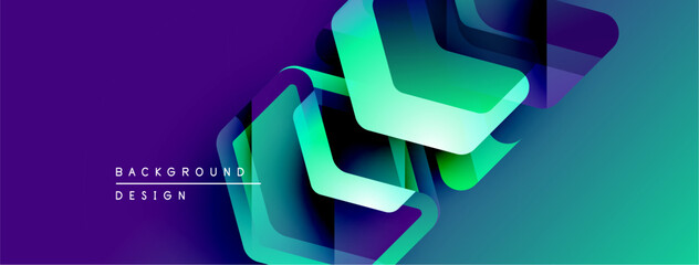 Poster - Abstract geometric shapes overlap, creating vibrant purple, green gradients. Modern design elements suggest dynamic movement, visual depth.