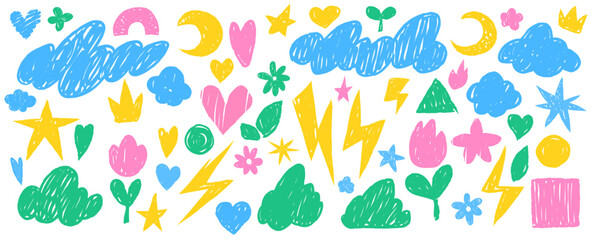 Poster - crayon doodle sticker set - colorful childish scribbles of hearts and stars, clouds and flowers, lig