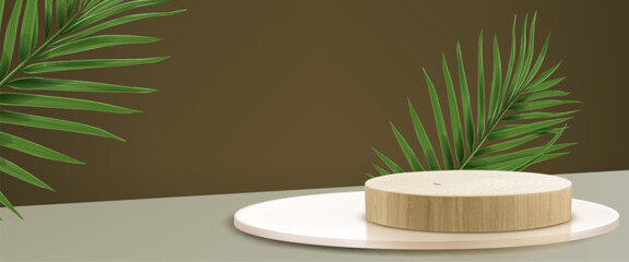 Poster - luxury wooden podium display with tropical palm leaves on brown background - minimal 3d round platfo