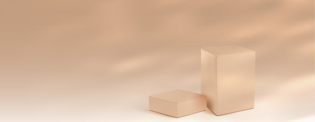 Poster - Beige round podium display on light brown background. Minimal empty platform for product showcase or presentation. Abstract realistic 3d stage with soft light and shadow. Pastel monochrome scene.