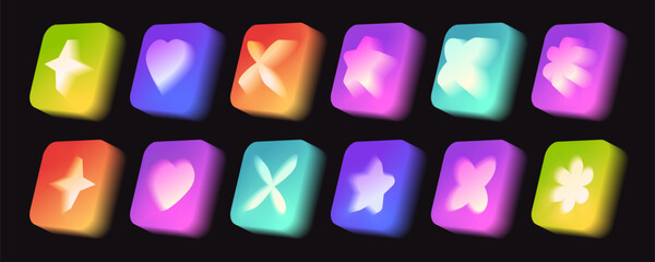 Poster - Gradient aura y2k icons collection - glowing neon symbols with star, heart and flower shapes on colorful rounded squares. Vibrant digital blur buttons for retro futuristic app interface design.
